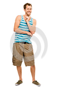 Goofy young man laughing isolated white background