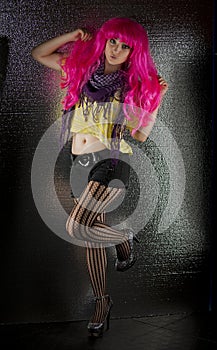 Goofy young woman with pink wig