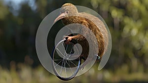 A goofylooking kiwi on a unicycle representing the kingdoms tradition of using unconventional ods to transport their photo