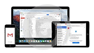 Google Gmail app on Apple iPhone iPad and Macbook Pro displays