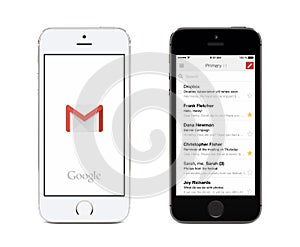 Google Gmail app and Gmail inbox on white and black Apple iPhones