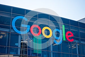 Google logo at Googleplex headquarters main office
