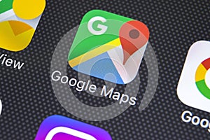 Google Maps application icon on Apple iPhone X screen close-up. Google Maps icon. Google maps application. Social media network