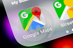 Google Maps application icon on Apple iPhone X screen close-up. Google Maps icon. Google maps application. Social media network