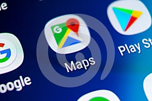 Google Maps application icon on Samsung Galaxy S9 screen close-up. Google Maps icon. Google maps application. Social media network