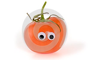 Googly eyes. Funny cute light red mister Fresh Tomato, isolated on white background