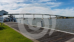 The goolwa wharf and the bridge to hindmarsh island located on the fleurieu peninsula south australia on 9th june 2020