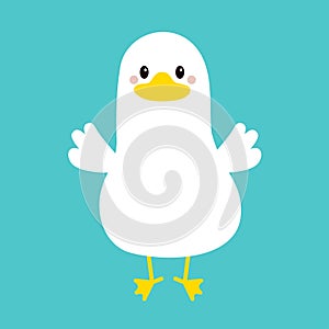 Goose Duck standing icon. Farm animal. Funny face head. White bird. Yellow beak. Cute cartoon kawaii funny baby character. Flat