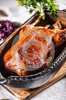 Goose feasts and roast goose in the oven on the festive table photo