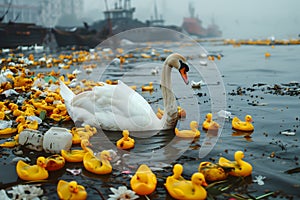 Goose on a lake surrounded by rubber ducks