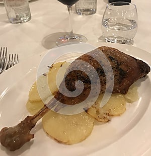 Goose leg served with potatoes and onions photo