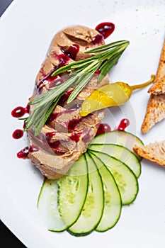 Goose liver foie grass,Duck mousse spread with cranberry sauce & rosemary served on plate.Gourmet dinner dish in Mediterranean