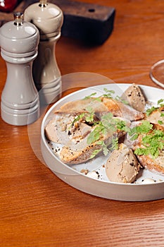 Goose liver pate. Foie gras pate with toasts