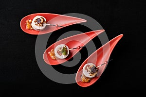 Goose liver pate, foie gras, served on black stone in Japanese red spoons. Paste served with jam and nuts. Fusion food
