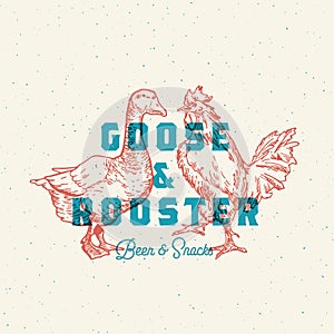 Goose and Rooster Beer and Snacks Abstract Vector Sign, Symbol or Logo Template. Hand Drawn Birds Sillhouette with Retro