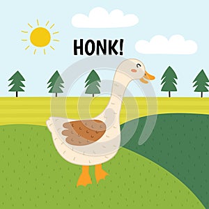 Goose saying honk print. Cute farm character on a green pasture making a sound