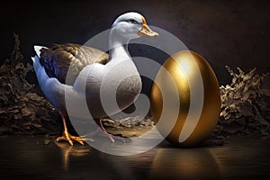 Goose standing by the golden egg. generative ai. Goose and the golden egg