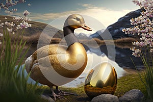 Goose standing by the golden egg. generative ai. Goose and the golden egg