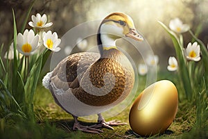 Goose standing by the golden egg. generative ai. Goose and the golden egg