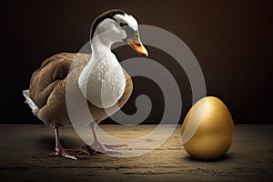Goose standing by the golden egg. generative ai. Goose and the golden egg