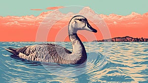 Goose Standing Near Soft Water With Risograph Gr 1700 Texture