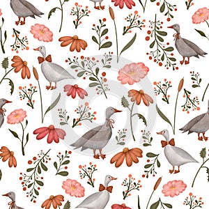 Goose and wildflowers seamless pattern