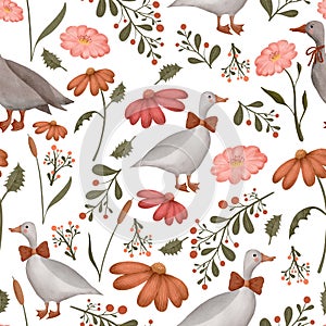 Goose and wildflowers seamless pattern