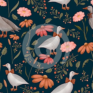 Goose and wildflowers seamless pattern