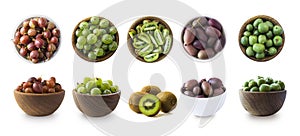 Gooseberries, baby kiwi and kiwi fruits in a bowl on a white plate. Berries and fruits isolated on a white background.