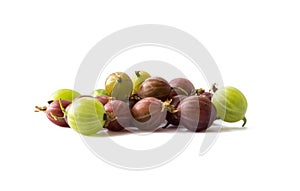 Gooseberries fruits on white background. Gooseberries isolated on white background. Red and green gooseberries in a bowl with copy