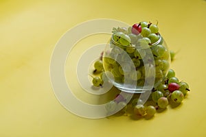 Gooseberries in a transparent jar on a yellow background
