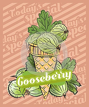 Gooseberry ice cream scoop in cones. Vector sketch illustration. Fruit ice cream idea, concept