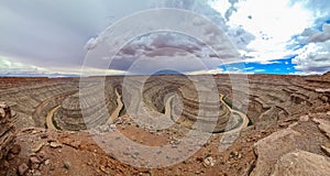 Gooseneck Canyon - Panoramic aerial view on the convolutions of San Juan River meandering through a horseshoe bend