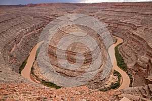 Gooseneck Canyon - Panoramic aerial view on the convolutions of San Juan River meandering through a horseshoe bend