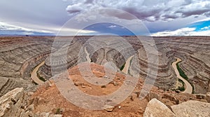 Gooseneck Canyon - Panoramic aerial view on the convolutions of San Juan River meandering through a horseshoe bend