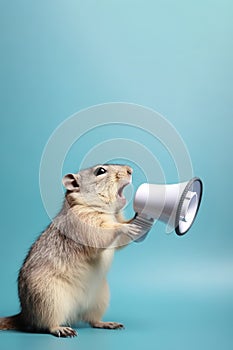 Gopher shouting through megaphone over isolated light blue background.