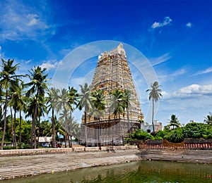 Gopura (tower) and temple tank of Lord Bhakthavatsaleswarar Temp