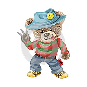 The playful teddy bear wears a long-sleeved striped t-shirt and gloves with claws. Looks like Freddy Krueger. photo