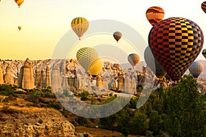 Goreme, Cappadocia, Turkey on sunset. Famous center of balloon fligths.