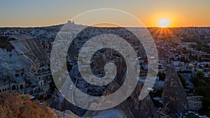 Goreme, Cappadocia, Turkey on sunset. Famous center of balloon fligths