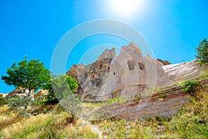 Goreme Open Air Museum. Low angle view of fairy chimneys in Goreme Cappadocia