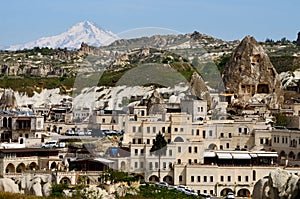 Goreme and top of mount Erciyes ancient Argaeus covered with the snow, Cappadocia,Turkey,Central Anatolia