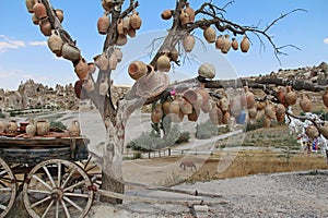 Tree Of Wishes with clay pots in Cappadocia. Goreme, Nevsehir Province, Cappadocia, Central Anatolia, Turkey