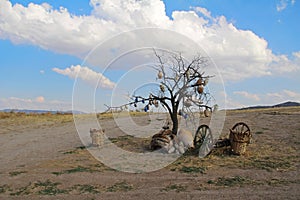 Tree Of Wishes with clay pots in Cappadocia. Goreme, Nevsehir Province, Cappadocia, Central Anatolia, Turkey