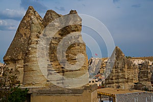 GOREME, TURKEY: Old rocks that serve as houses and hotels for tourists. Goreme is town in Cappadocia, Nevsehir Province, Central