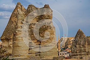 GOREME, TURKEY: View of the observation deck on the rock Turkish flag. Cappadocia, Nevsehir Province, Central Anatolia, Turkey