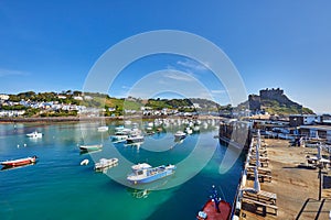 Gorey Harbour with Gorey Castle at sunrise