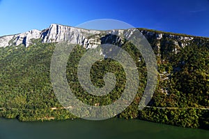 The Gorge of the Danube river seen from the Romanian bank. The Serbian bank the right bank of the river in background.