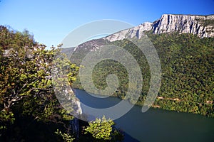 The Gorge of the Danube river seen from the Romanian bank. The Serbian bank the right bank of the river in background.