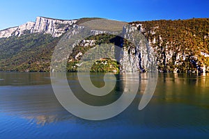 The Gorge of the Danube river seen from the Romanian bank. The Serbian bank the right bank of the river in background.